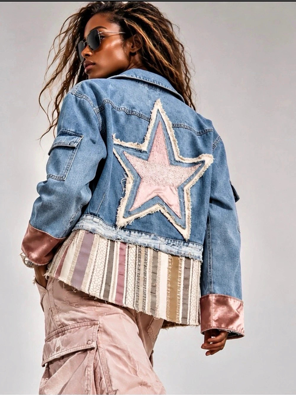 Reworked Denim Jacket L/XL Rhinestone Pink Star OOAK Boho Oversized Jean Jacket